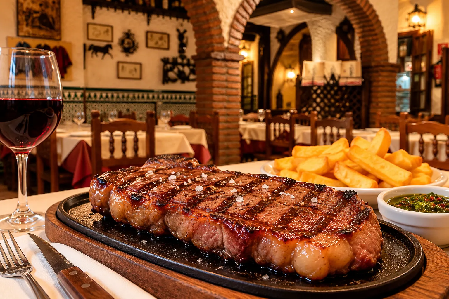 Ilustración de bife de chorizo argentino a la parrilla en un ambiente inspirado en Restaurante Poncho's