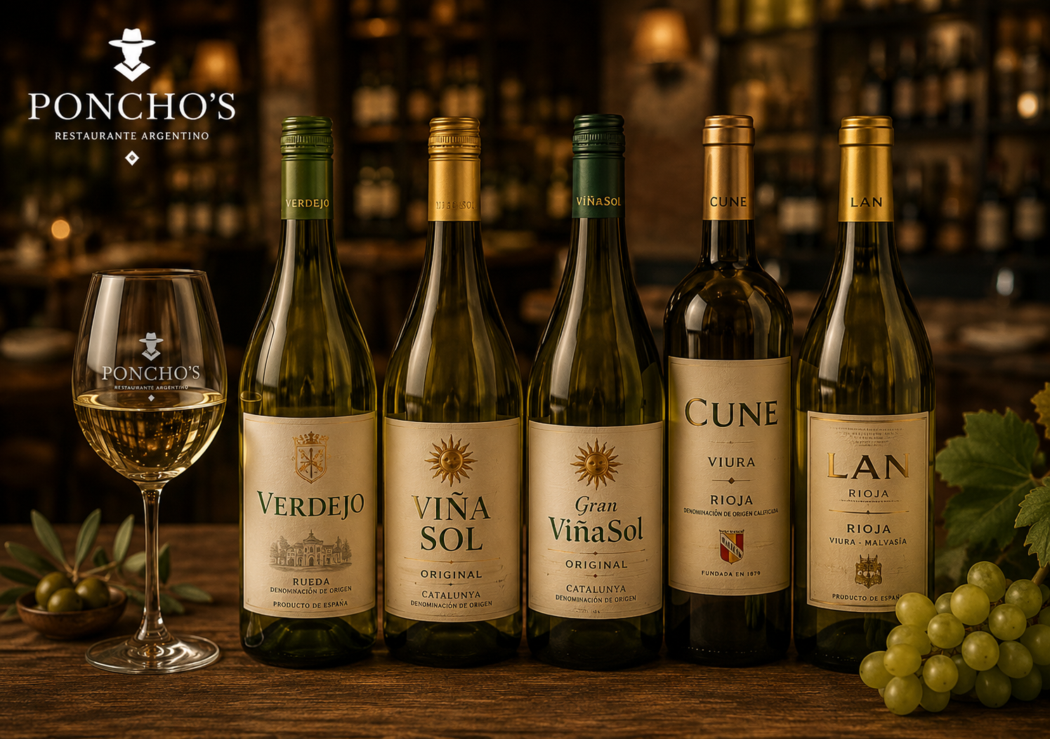Selección de vinos blancos españoles en Restaurante Poncho's